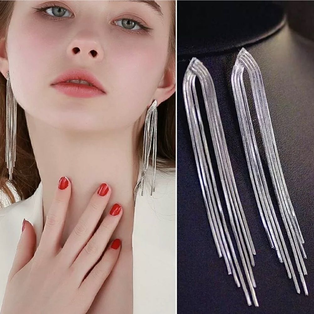 + Beautiful Silver Tassel Drop Dangle Earrings - Picture 2 of 3